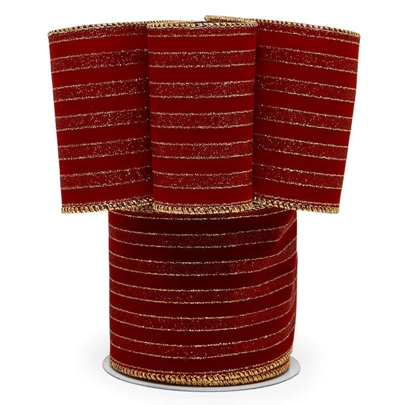 Paper Mart Burgundy Velvet Ribbon with Regal Gold Stripes Large 4 Inch Width x 10 Yards of Flocked Wired Ribbon Christmas Decoration and Tree Embellishment
