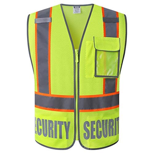 HATAUNKI Class 2 Retro-Reflection Security Safety Vests Heavy Duty Yellow Mesh with 5 Pockets and Front Zipper Meet ANSI/ISEA 107-2015(Yellow-22, Medium)