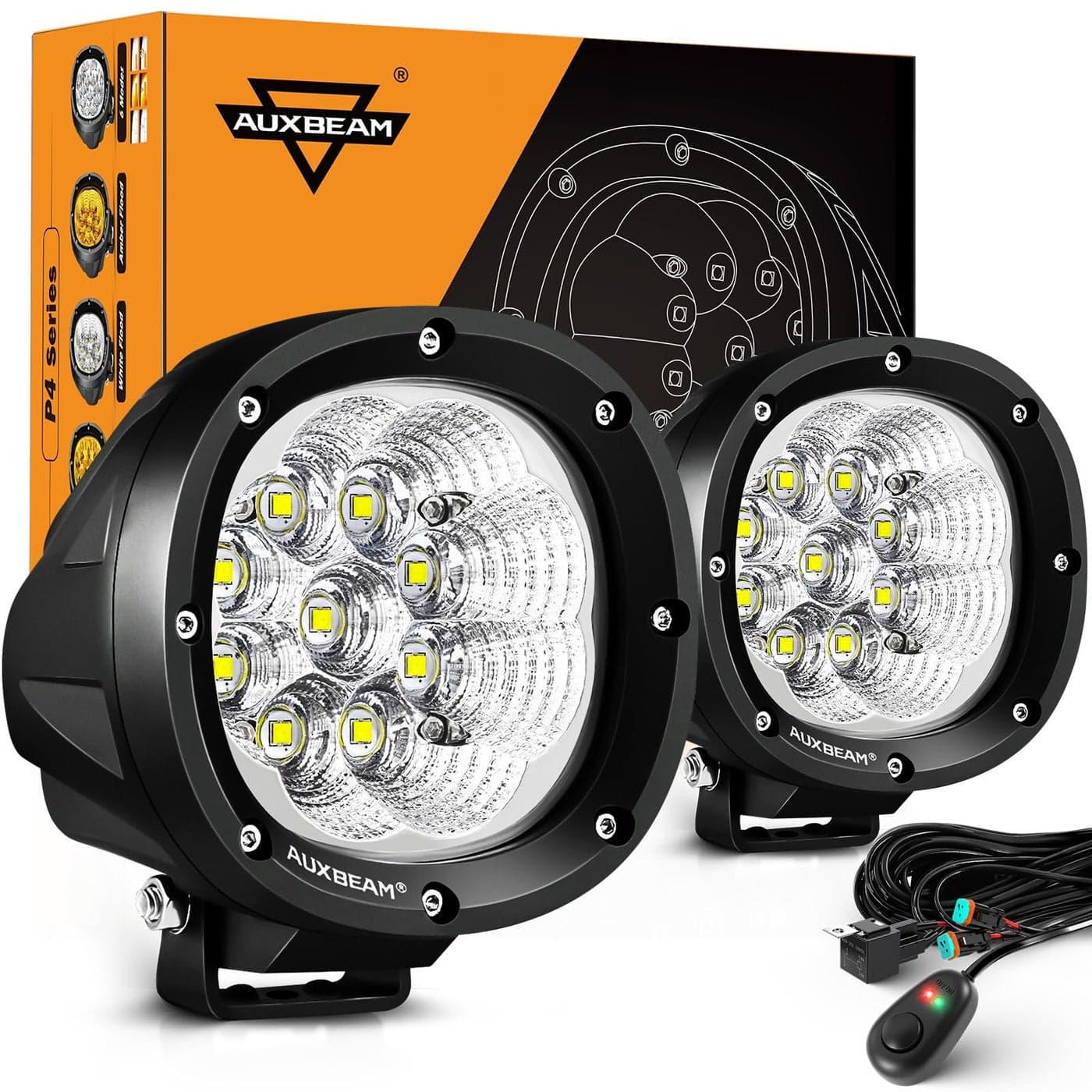 Auxbeam P4 Series Flood Beam LED Pods 4 Inch 90W Round Offroad Fog Lights Driving Flood Light Bar Bumper APillar Hood Mount for Trucks ATV UTV Motorcycle Jeep