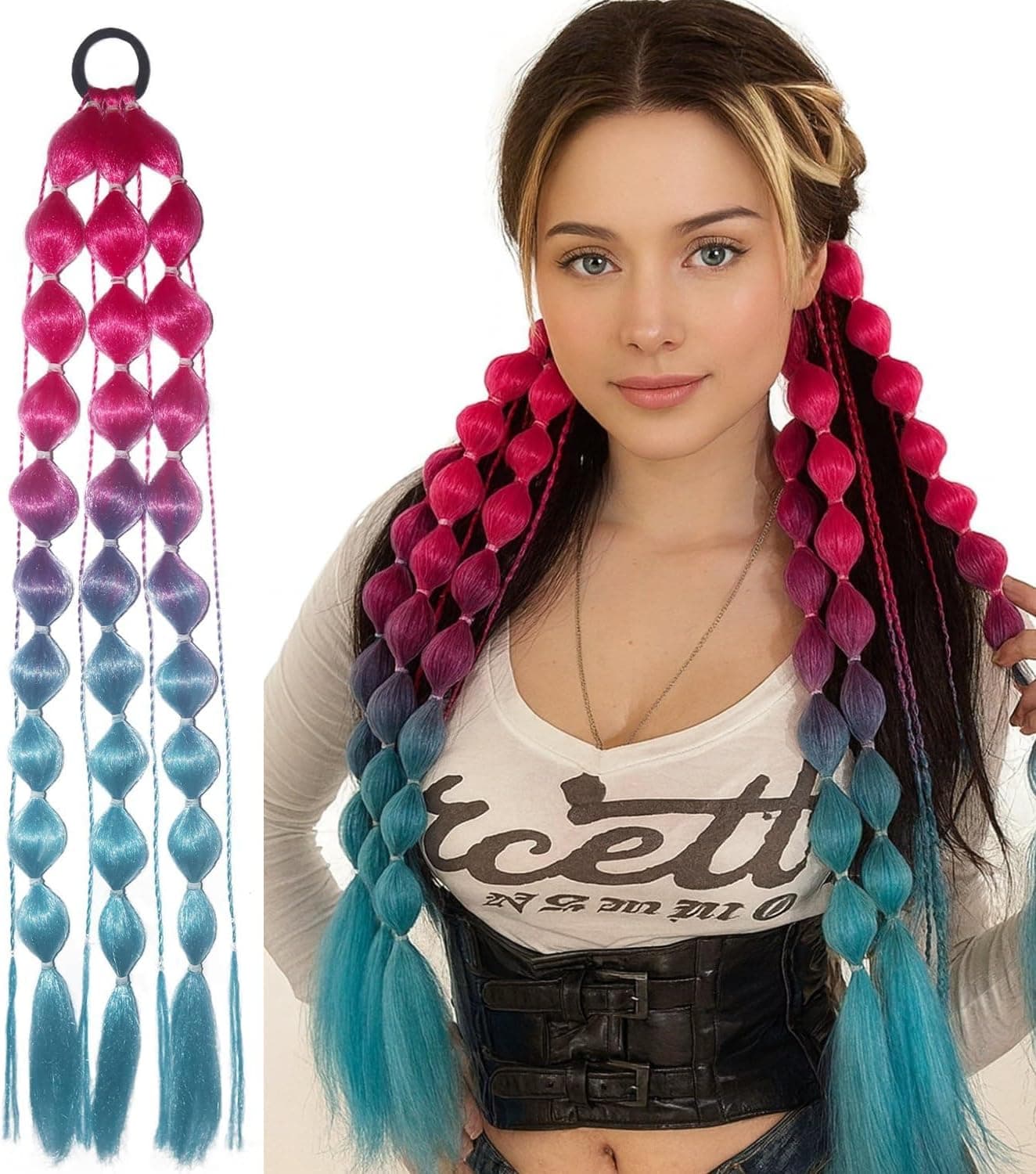 20 Inch Ombre Bubble Ponytail Hair Extensions for Kids, Lightweight Colored Braids with Hair Tie, Festival & Crazy Hair Day Accessories for Girls