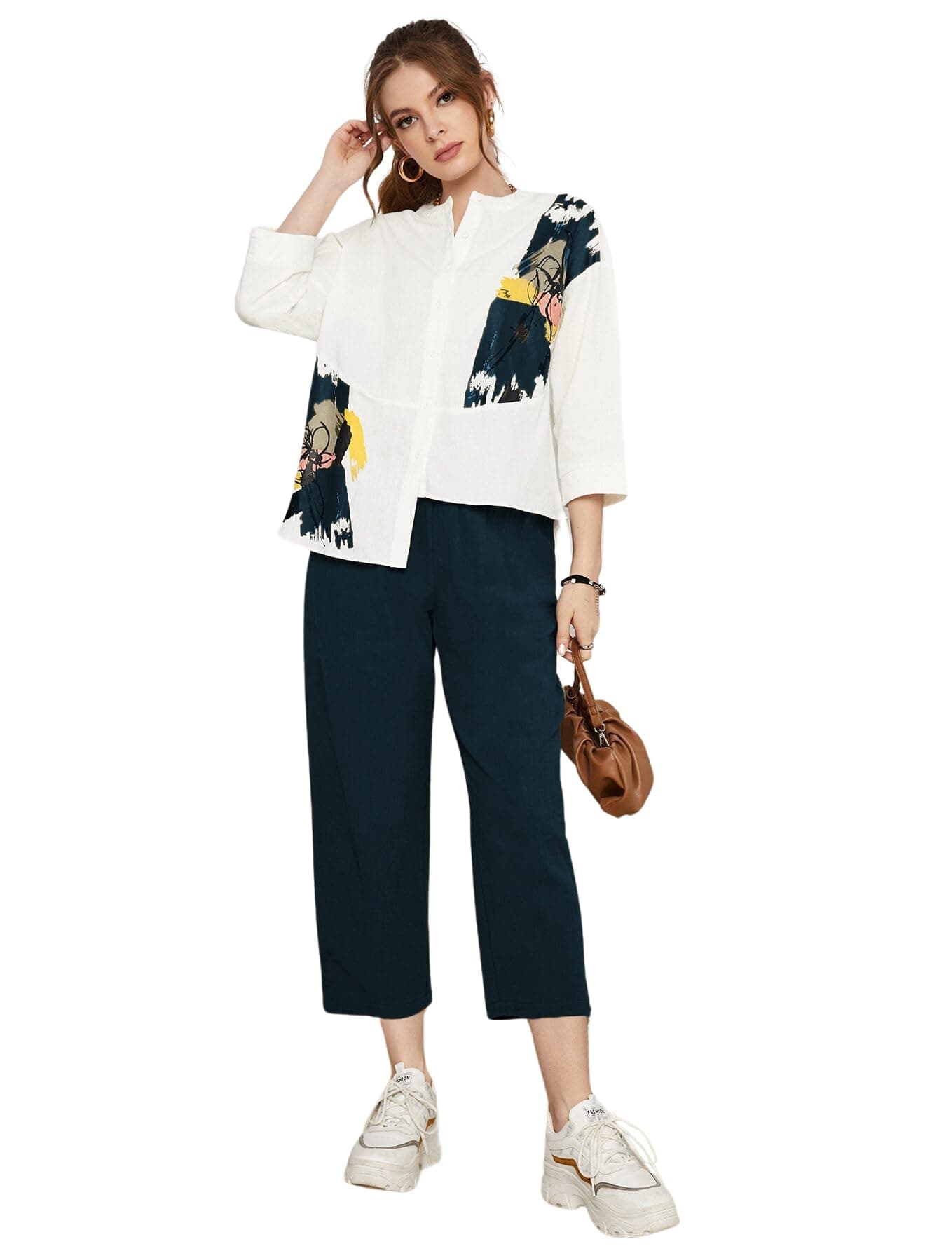 TOPLOT Women's Co-ord Set | Button-up, Loose-fit top with Artistic Abstract Prints| Relaxed Loose Fit Design | Stylish Matching Set with Easy Movement | Casual, Outings (5234_M_Teal)