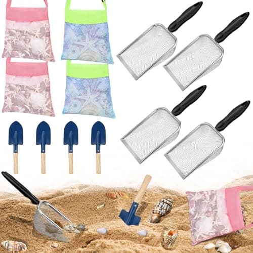 Mototo 12 Pack Beach Sand Tools Set with 4 Mesh Shovel 4 Mesh Seashell Bag 4X Small Shovel Sand Scooper Shark Tooth Sifter Dipper Seashell Collecting Bag Beach Tool Kit for Shell Collecting Outdoor