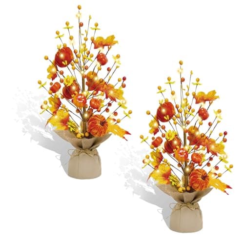 2 Pcs Fall Decorations for Home 18 Inch Fall Tree Fall Decor Fake Pumpkin Berry Maple Leaves Table Centerpieces Autumn Harvest Home Decor for Halloween Thanksgiving Party