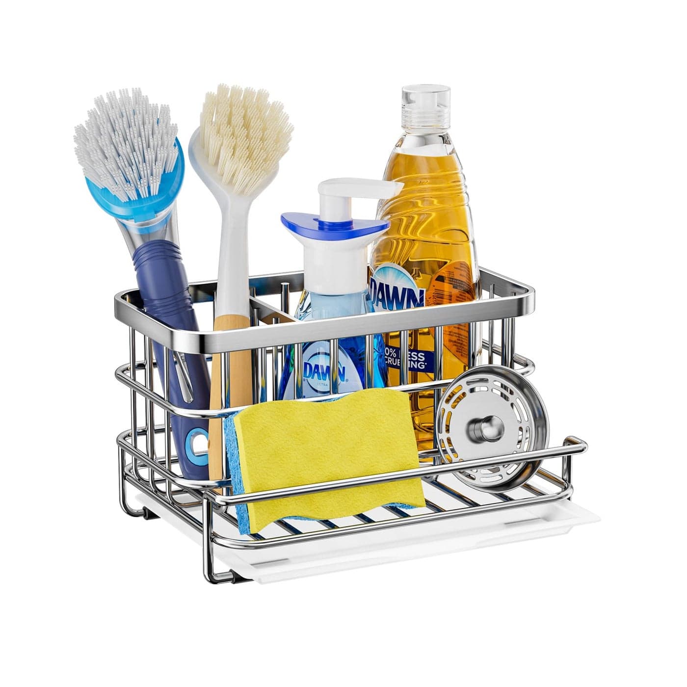 HapiRm Kitchen Sink Organizer, SUS304 Stainless Steel Rustproof Multifunctional Large Sink Caddy with Sponge Holder and Drain Tray for Kitchen Countertop (Silver)