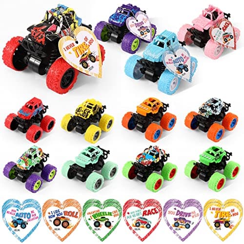12 Set Valentines Day Die Cast Racing Cars Gift Cards for Students Friction Powered Trucks Toys Pull Back Cars Vehicles Truck Playset for Valentines School Classroom Exchange Gifts Party Favor