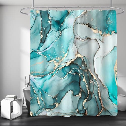 BayNook Teal Marble Shower Curtain, Modern Abstract Fabric Shower Curtains for Bathroom, Luxury Art Decor Turquoise Gold Ink Texture Watercolor Shower Curtain Set with Hooks 72x72