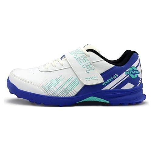 Nivia Yorker 2.0 Cricket Shoes for Men, Synthetic Leather Upper with Velcro Strap, Round Stud PVC Outsole, Die-Cut Soft NR EVA Sockliner (Blue/Green, UK05)