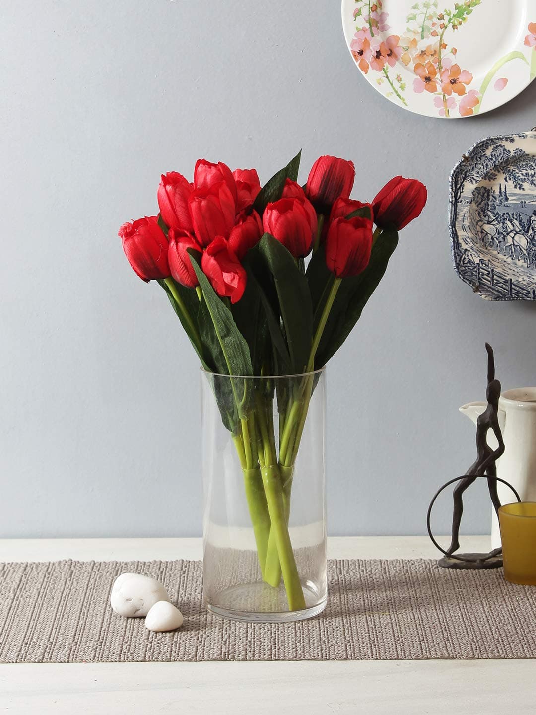 Fourwalls Beautiful Decorative Artificial Tulip Flower Bunch for Home décor (40 cm Tall, 9 Heads, Set of 3, Maroon)