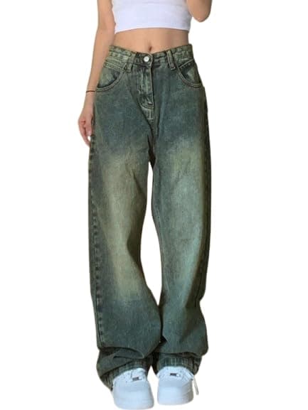 EMMIOL Women's Jeans Distressed Denim Pants Baggy Boyfriend Mid-Low Waist Wide Leg Straight Trousers Streetwear Pants Retro Blue