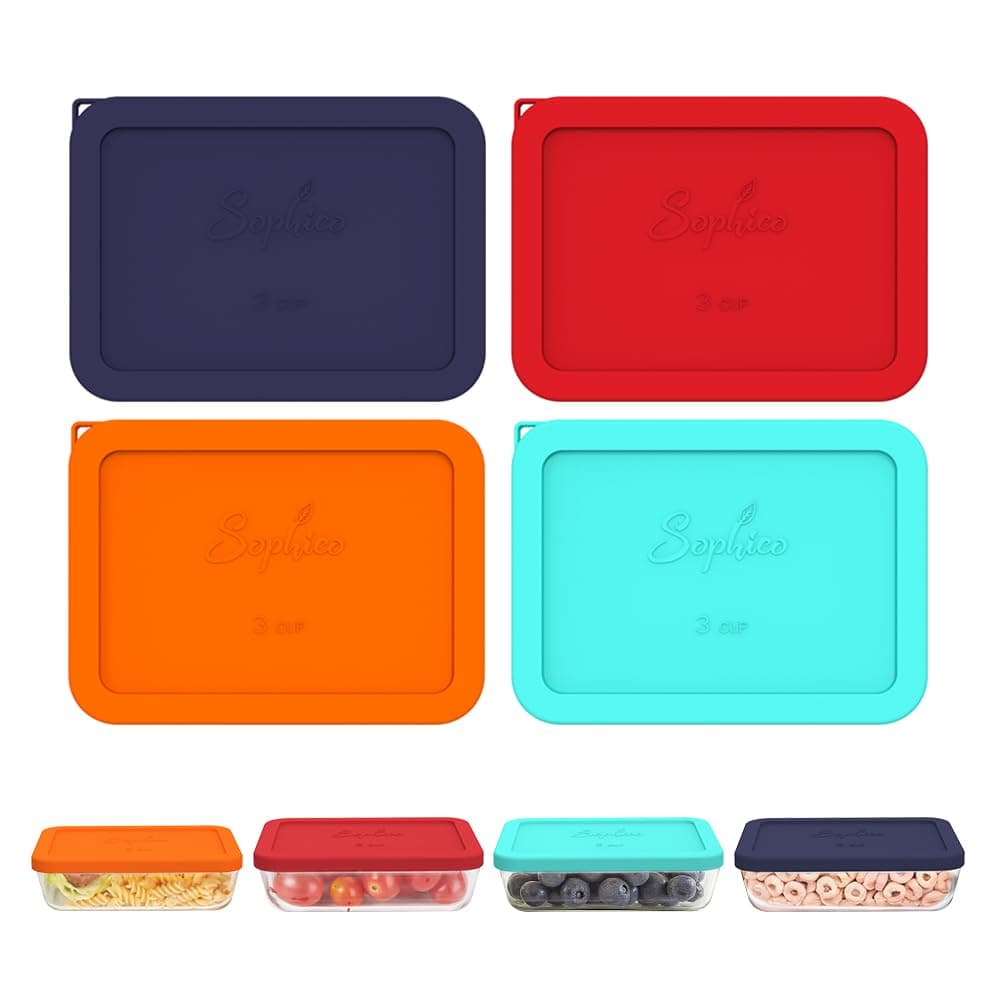 Sophico 3 Cup Rectangle Silicone Storage Cover Lids Replacement for Pyrex 7210PC Glass Bowls Container not Included MIX 4 Pack