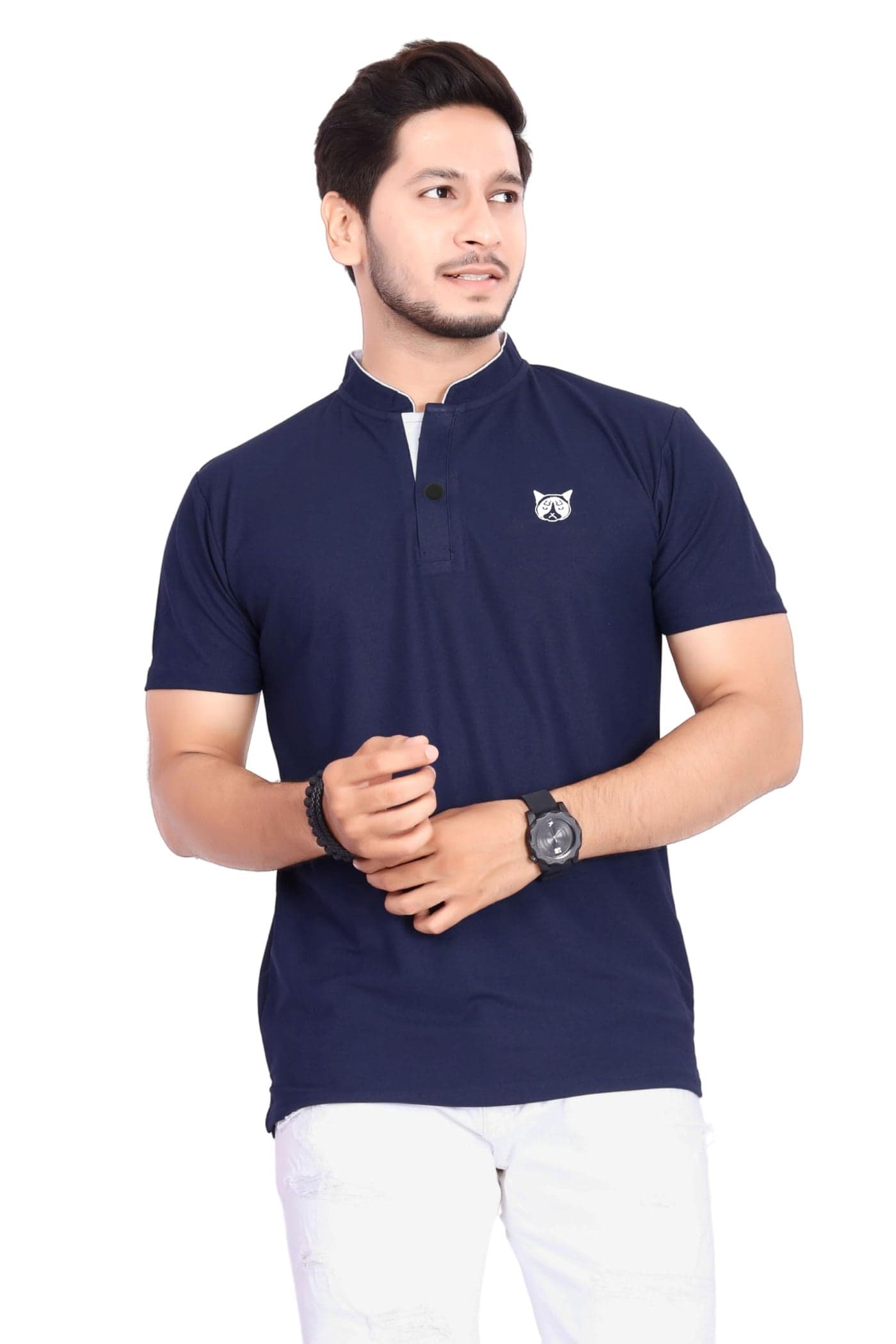 BAGHADBILLO Men's and Boy's Polyster T-Shirt with Mandarin Collared Neck Half Sleeves Closuer Button and Regular Fit | Polo t Shirt for man | Navy BLUE-2XL