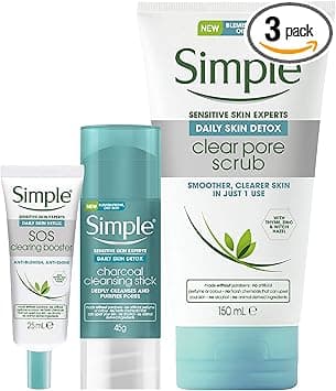 Simple Daily Detox 3 Step Regime For Oily Skin Charcoal Cleansing Stick Clear Pore Scrub and Sos Booster GEL1 Units Exclusive