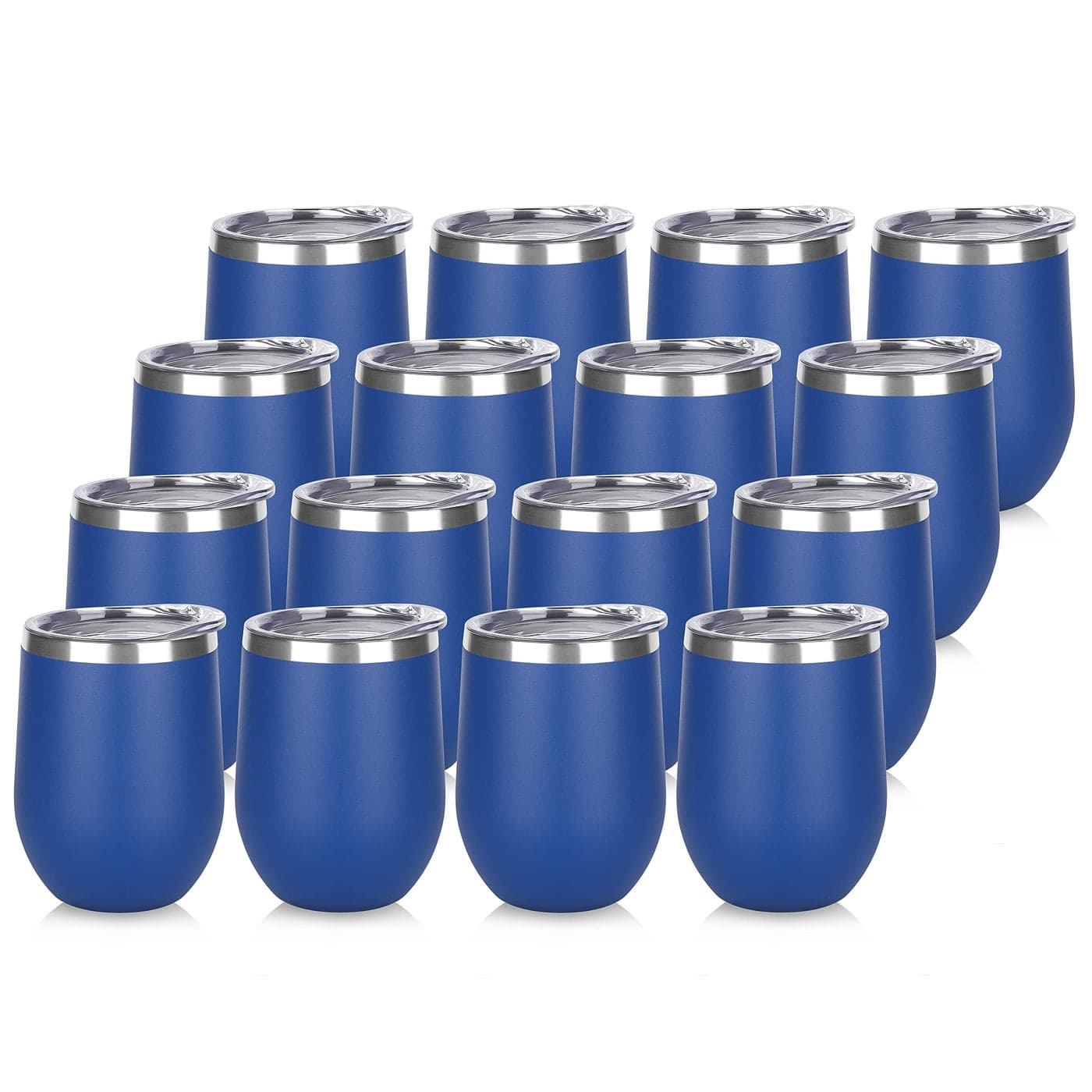 DOMICARE Stainless Steel Wine Tumbler Bulk with Lid Personalized Insulated Tumblers Set 12oz Travel Coffee Cups Pack of 16 Dark Blue