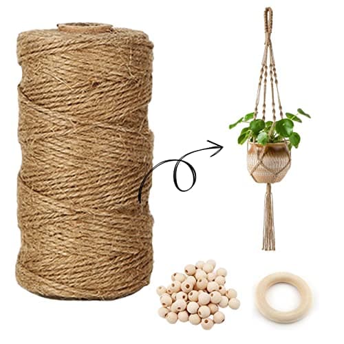 ecofynd 22pcs DIY Jute Cord Kit for Wall Hanging, 100 Meter Natural Jute Rope, Ring (3 inch, 1 pc), Wooden Beads (12mm, 20 pcs) Combo Packs for Adults Beginners