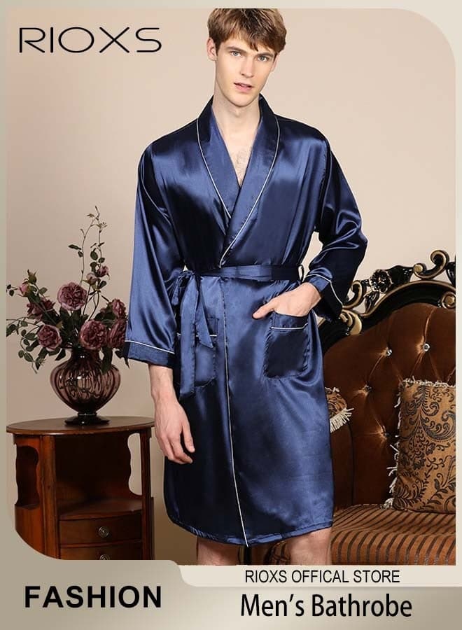 Men's Long Sleeve Satin Robe, Lightweight Silky Kimono Bathrobe with Adjustable Tie and 2 Pockets, Skin-friendly Comfortable Nightgown Soft Sleepwear, Loungewear Great for Daily Wear, Beach Wear, Loungewear or Other Casual Occasions, Blue