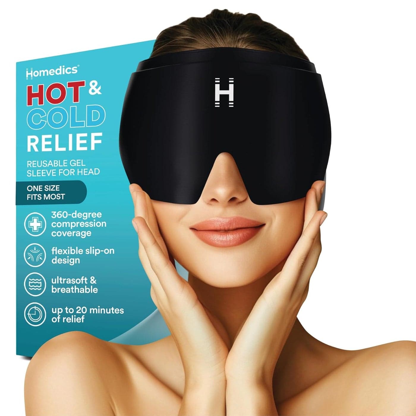 Homedics Hot Cold Gel Head Cap Headache Relief Sinus Stress Tension Relief Compress Heat or Ice Therapy for Migraines Soreness Soft Stretch Fabric Contoured Design for Head Eyes Ears
