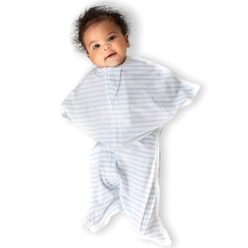 SleepingBaby Zipadee-Zip Transition Swaddle - Cozy Baby Swaddle Blanket with Zipper Convenience - Roomy Wearable Blanket for Easy Diaper Changes - Blue/Cream, Small (4-8 Month)