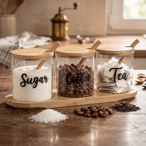 LemonRoad 3 Pack Coffee Sugar Tea Container Set Glass Jars with Bamboo Tray Decorative Container with Lid and Spoon Clear Condiment Jars Storage for Coffee Bar Drink Station Countertop Home Decor