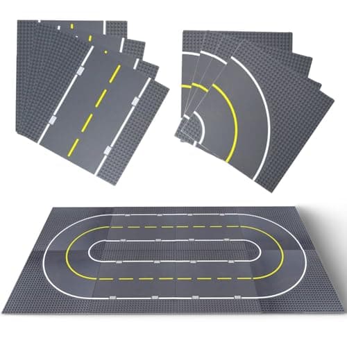 8 Pack Classic City Street Baseplates Building Blocks Road Plates 10 x 10 Kids Brick Baseplates for City Road Street Race Track Towns 4 Straight 4 Curved Road