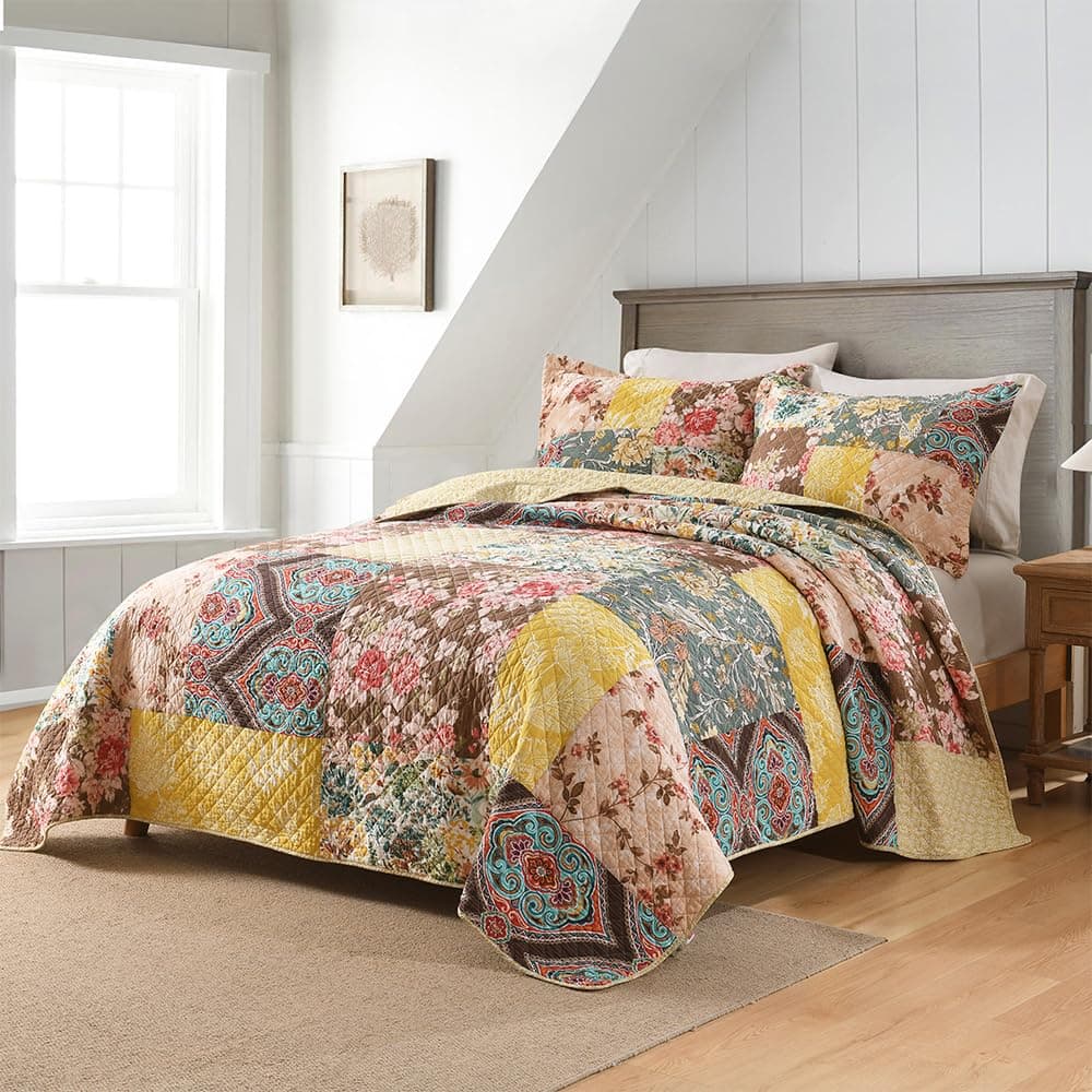 Autumn Dream Cotton Bedspread Quilt Sets Reversible Bedding Coverlet Sets Luxury Vintage Floral Patchwork Yellow BedspreadQueen Size