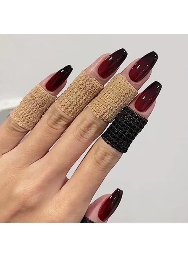 MISUD Press on Nails Medium Coffin Glue on Nails with Goth Red Black Acrylic Gothic Vampire Design 24 pcs
