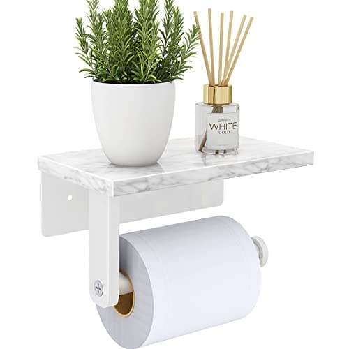 Gypie Toilet Paper Holder with Natural Marble Shelf, 304 Stainless Steel Screw Wall Mounted, Tissue Roll Paper Holder Dispenser for Bathroom Washroom White