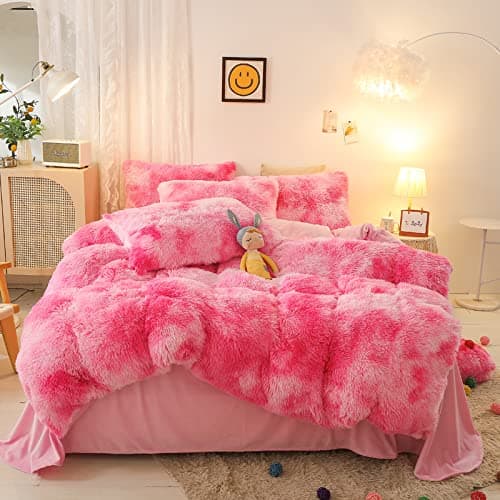 Jameswish Shaggy Plush Duvet Cover Set Super Soft Fluffy Faux Fur Comforter Cover Set Luxury Fuzzy Bedding Set 3 Piece1Duvet Cover2Pillowcases with Zipper ClosureQueen SizePink White Ombre