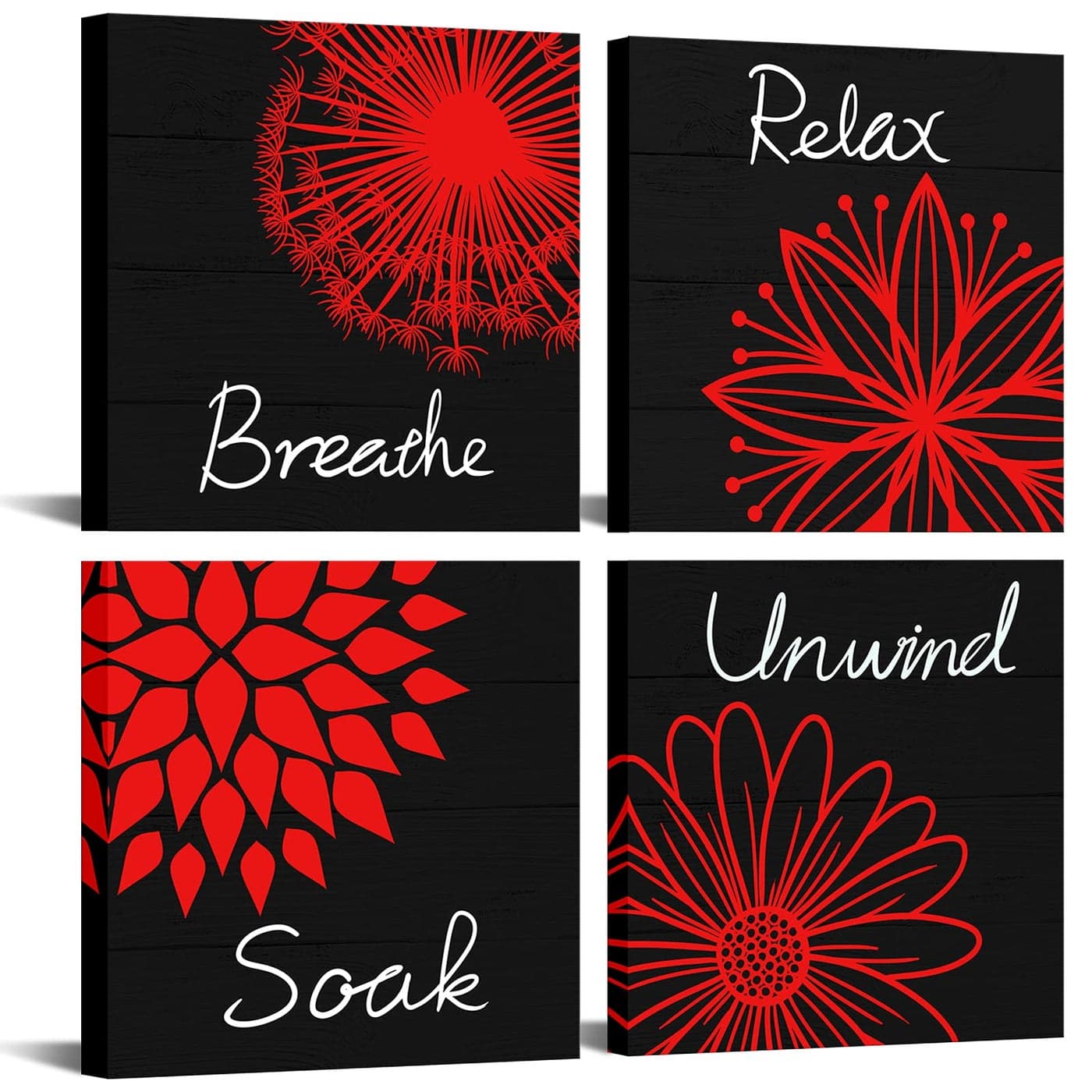 RnnJoile Red and Black Bathroom Decor Relax Soak Unwind Breathe Canvas Wall Art Picture Framed Floral Decor Accessories for Home 12x12x4pcs Ready to Hang