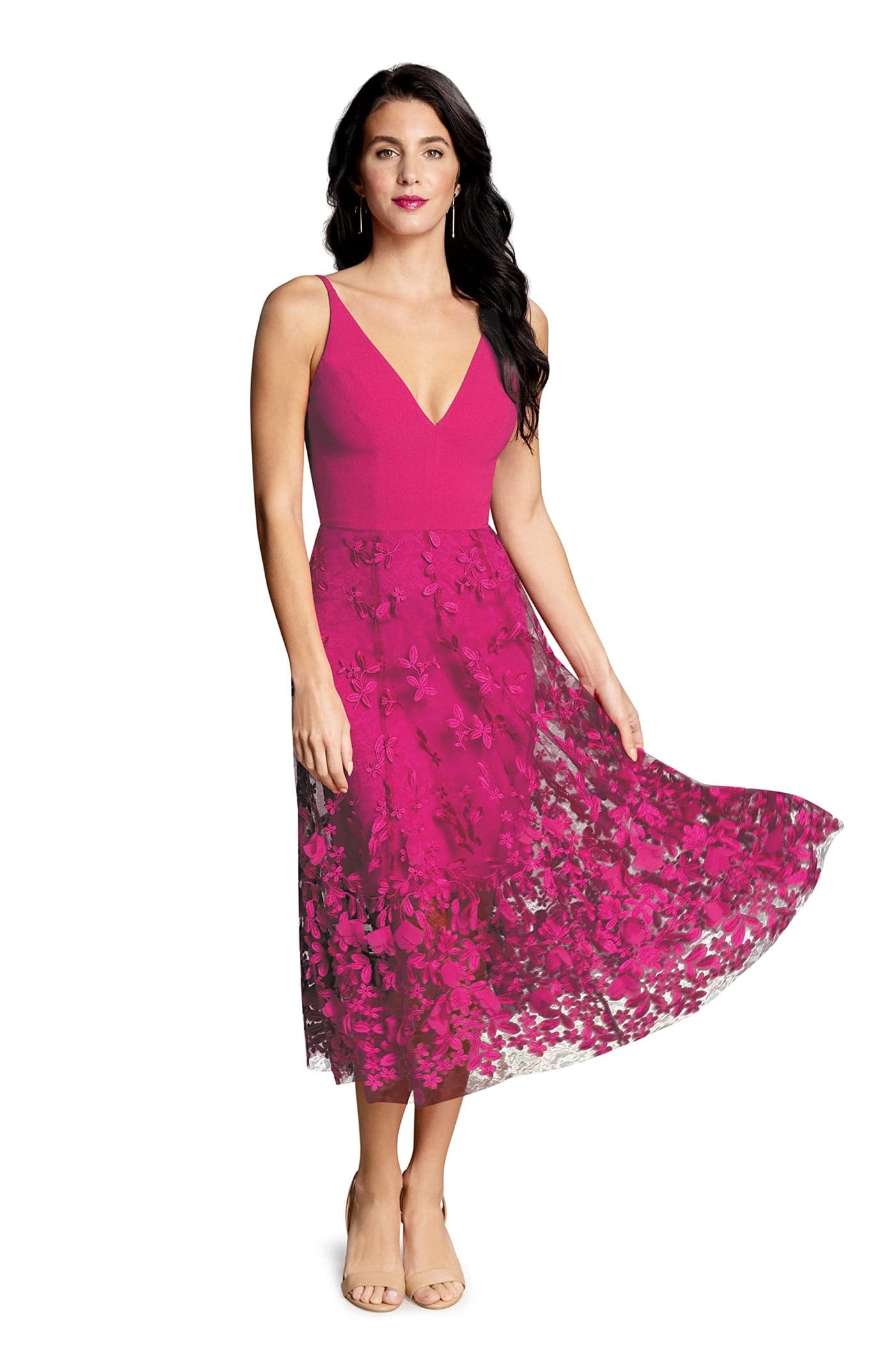 Dress the Population Womens Darleen Sleeveless Plunging Neckline FIT and Flare MIDI Dress Bright Fuchsia Medium
