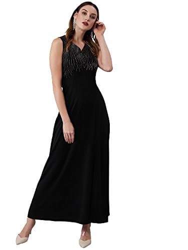 Athena Lifestyle Athena Black Yoke Embellishment fit & Flare Front Slit Detail Dress