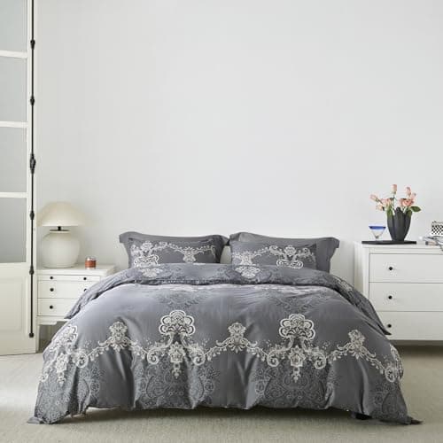 YuHeGuoJi Grey Damask Duvet Cover King 100% Egyptian Cotton 3 Pcs Set 1 Vintage Gray Paisley Duvet Cover with Zipper Ties 2 Pillowcases Southwestern Mandala William Morris Bedding Set Soft