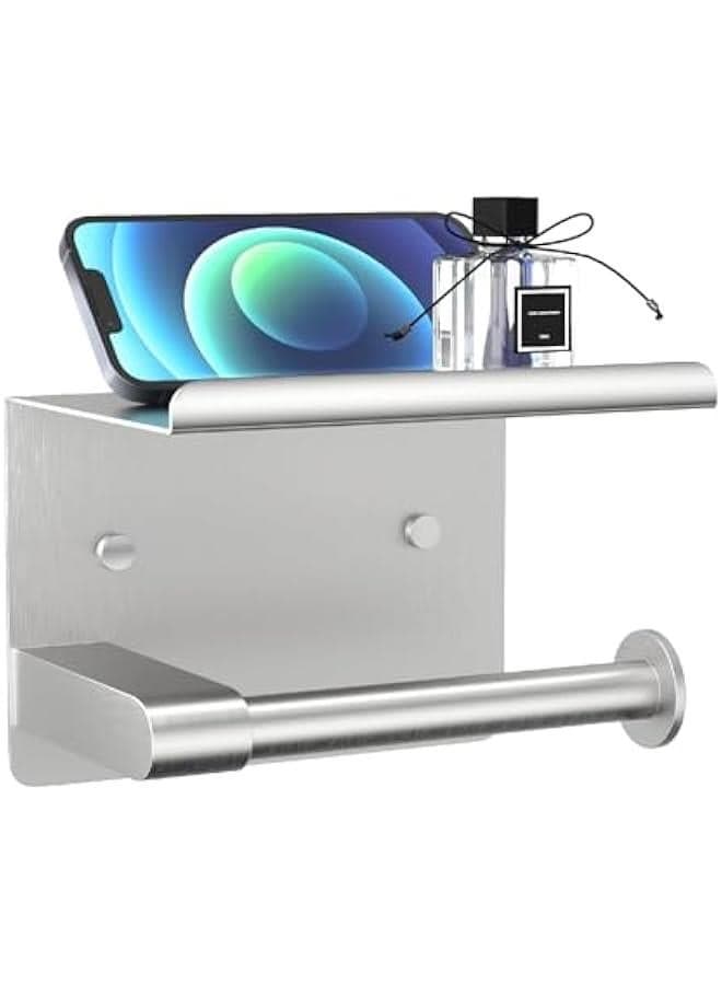 Toilet Paper Holder,Wall Mount Toilet Paper Holder with Phone Shelf,Adhesive or Screw Wall Mounted Toilet Paper Roll Storage, Silver Bathroom Toilet Paper Holder