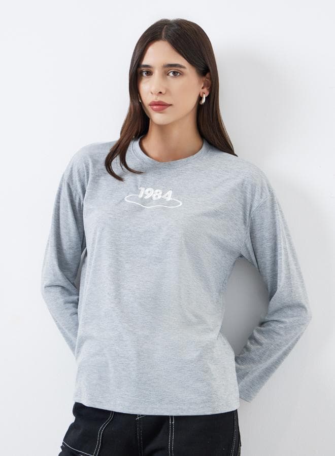 Grey Embroidered Long Sleeve T-Shirt