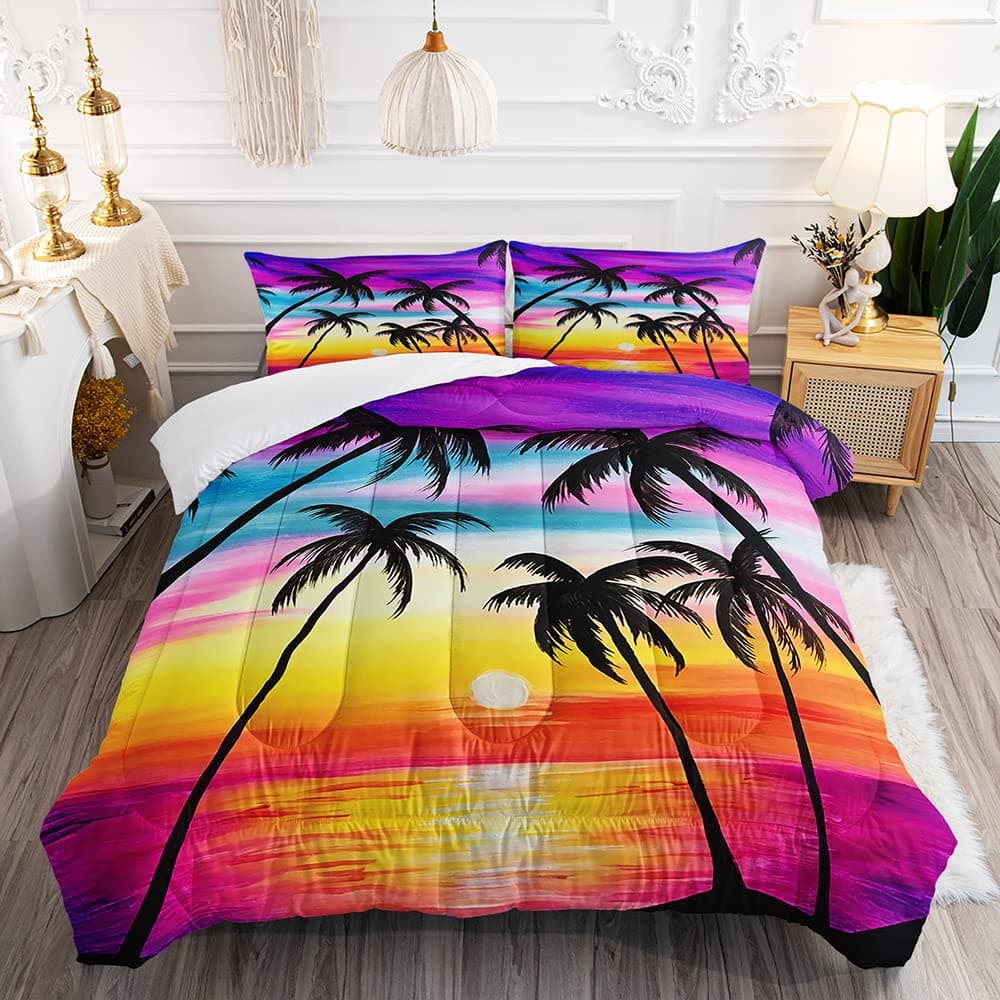 Tropical Sunset Palm Tree Comforter Set for Kids and Adults Twin Size Sea Ocean Quilt Bedspreads with 2 Sunset Pillowcases 68 x 86 Twin Yellow