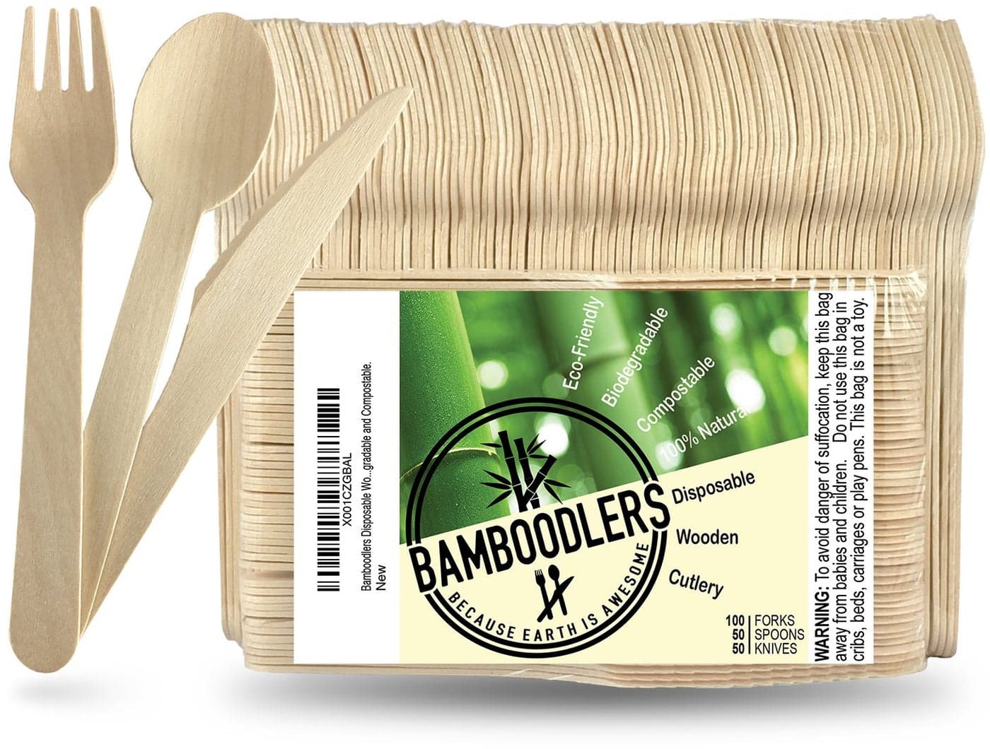 BAMBOODLERS Disposable Wooden Cutlery Set 100 AllNatural EcoFriendly Biodegradable and Compostable Because Earth is Awesome Pack of 20065 utensils 100 forks 50 spoons 50 knives