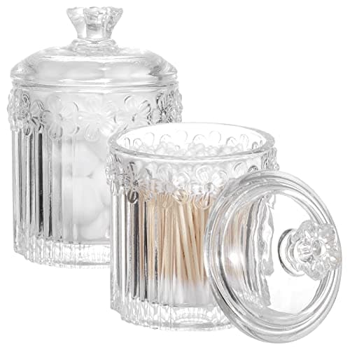 2 Pack Qtip Holder Glass Apothecary Jars with Lids Bathroom Accessories Vanity Organizers and Makeup Storage Canister for Cotton Swabs, Balls, Pads, Floss Picks, Candy, Clear