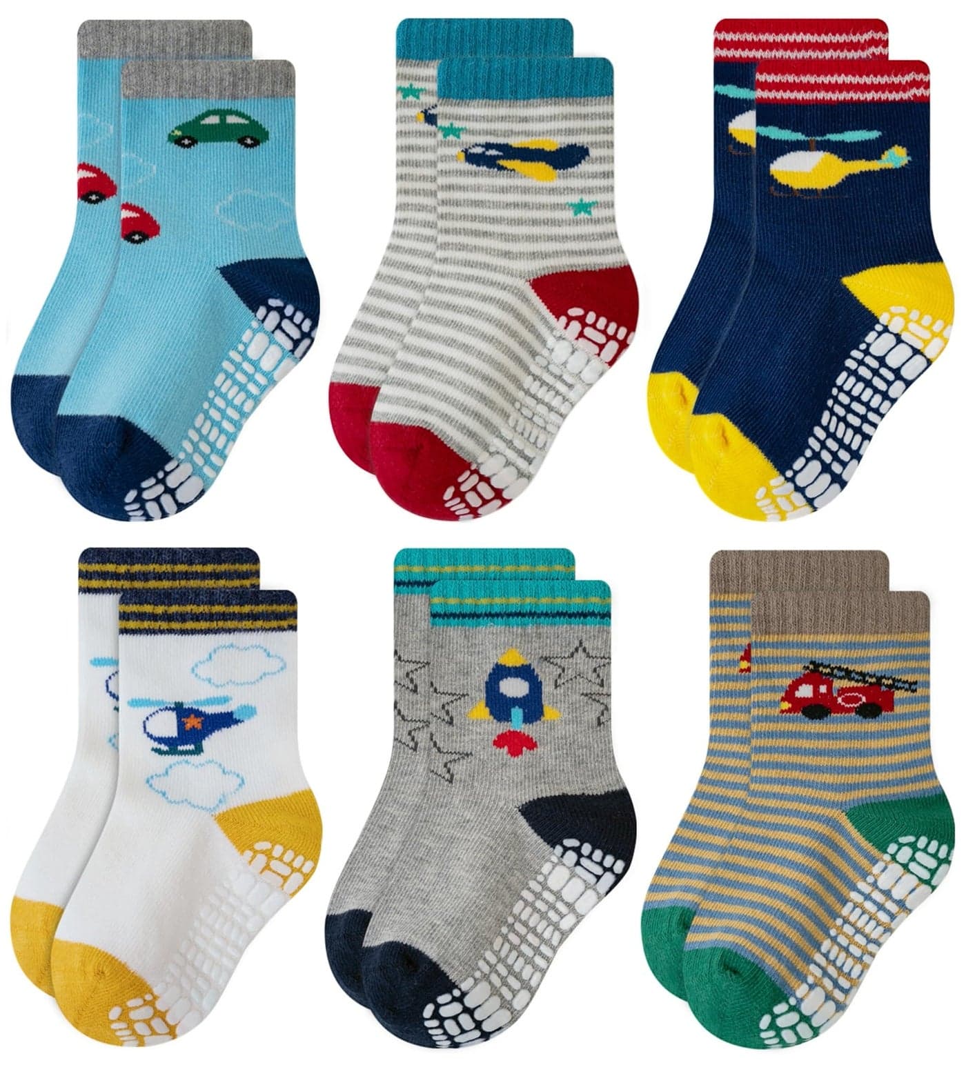 RATIVE Deluxe Non Skid Anti Slip Slipper Cotton Crew Socks With Grips For Baby Toddlers Kids Boys (9-18 Months, 6 designs/RB-711)