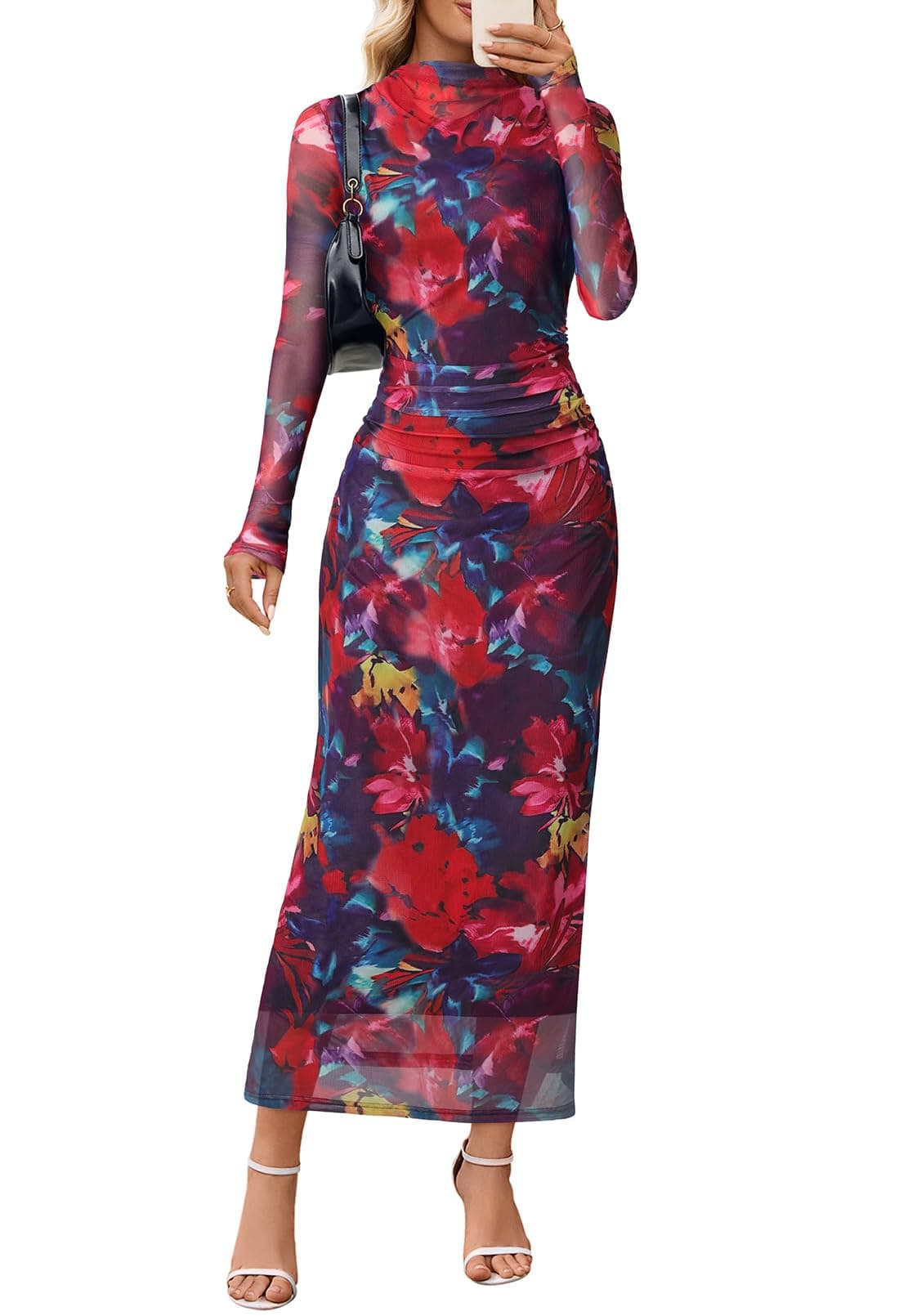 MEROKEETY Womens Long Sleeve Fall Wedding Guest Dress 2025 Bodycon Floral Mesh Ruched Cocktail Maxi Dresses Neon M