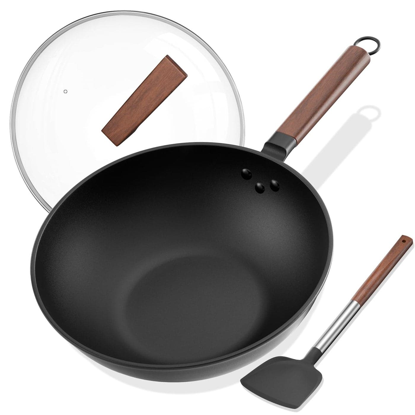 Todlabe Carbon Steel Wok Including Glass Cover and Silicone Spatula 13Inch Woks StirFry Pans for Induction Electric Gas Stoves