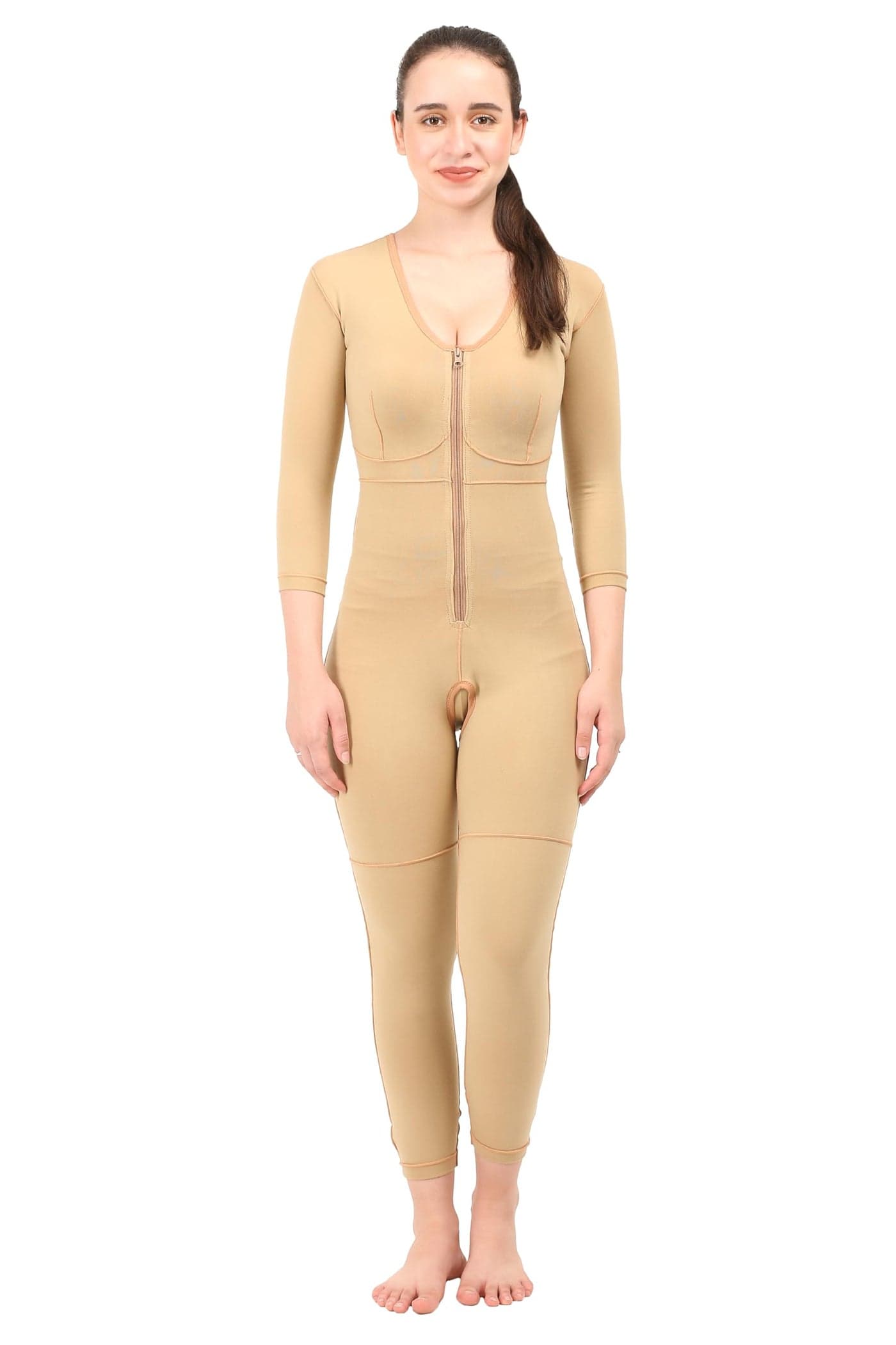 Dermapress Post Liposuction Bodysuit upto ANKLE for Women || With Sleeves || Medical Compression Garment for Body Contouring || Full Body Shapewear || (Medium, Beige)