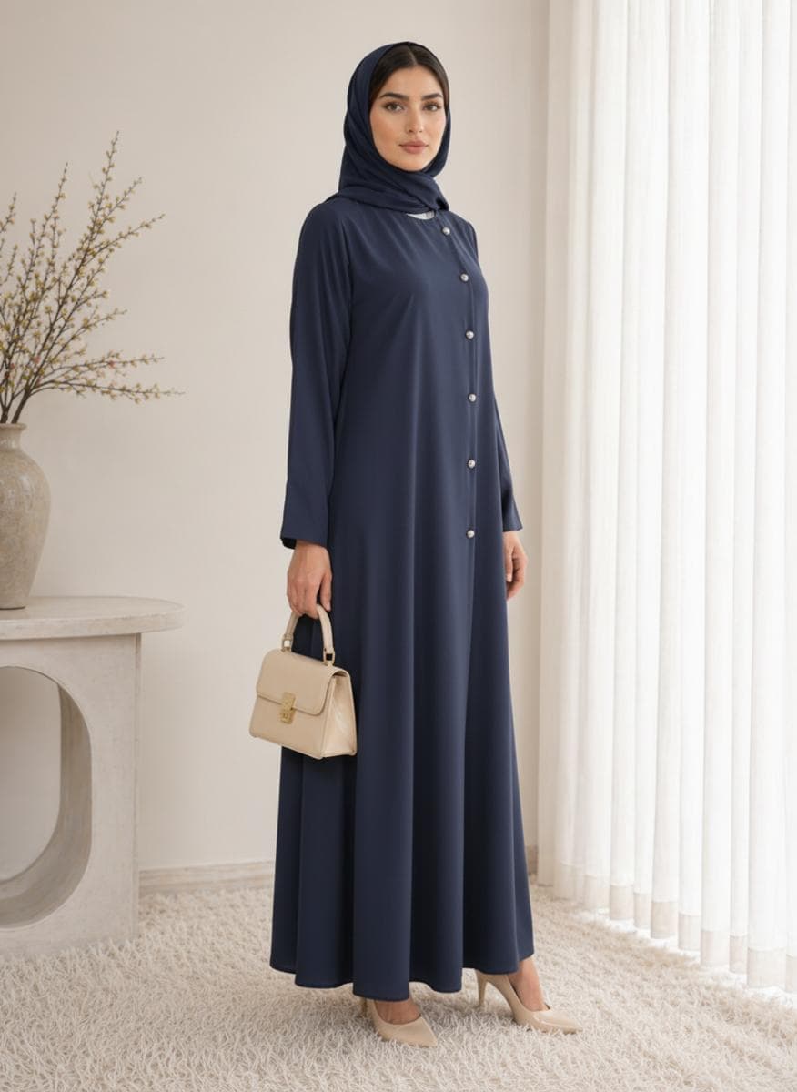 Navy Blue Korean Nida Abaya I Asymmetrical Button Design with Matching Chiffon Headscarf