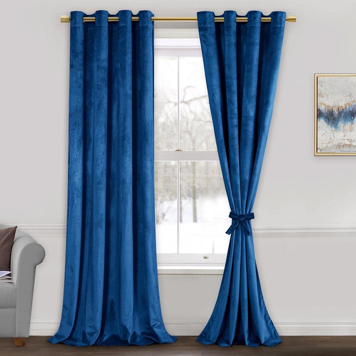 JIUZHEN Blue Velvet Blackout Curtains 84 inches Super Soft Velvet Textured Room Darkening Grommet Window Drapes for Living RoomBedroomSliding Door 52W x 84L Set of 2 Panels with Tiebacks