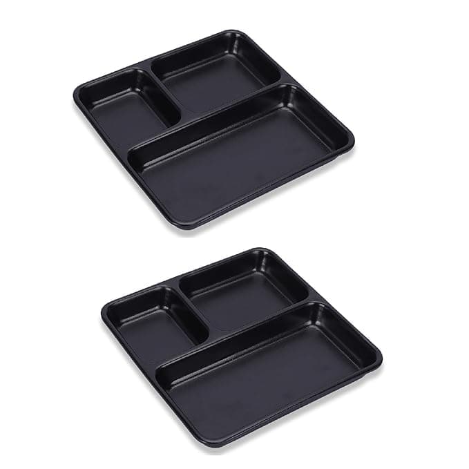 Coolkart 3 Compartment Snacks Plate Pav Bhaji Plate Appetizer Plates for Home Kitchen Dining Table Restaurant 9x9 Inches Black Sectioned Plate Pack of 4 Microwave Safe