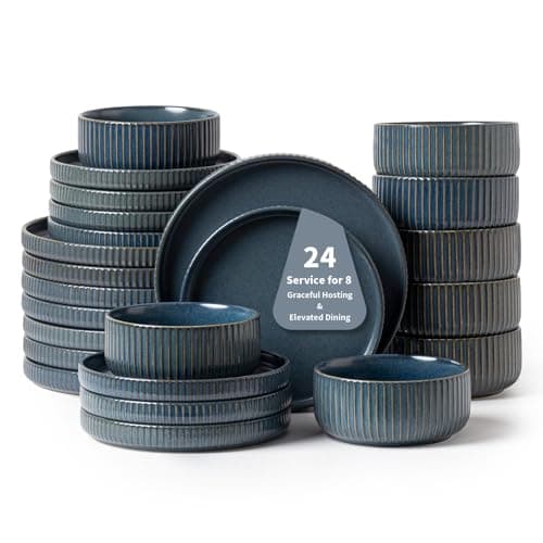 FOBENTA 24 Piece Starry Blue Ceramic Dish Set,Plates and Bowls Set for 8,Dinnerware Sets for Hosting, Gifting & Everyday Serenity