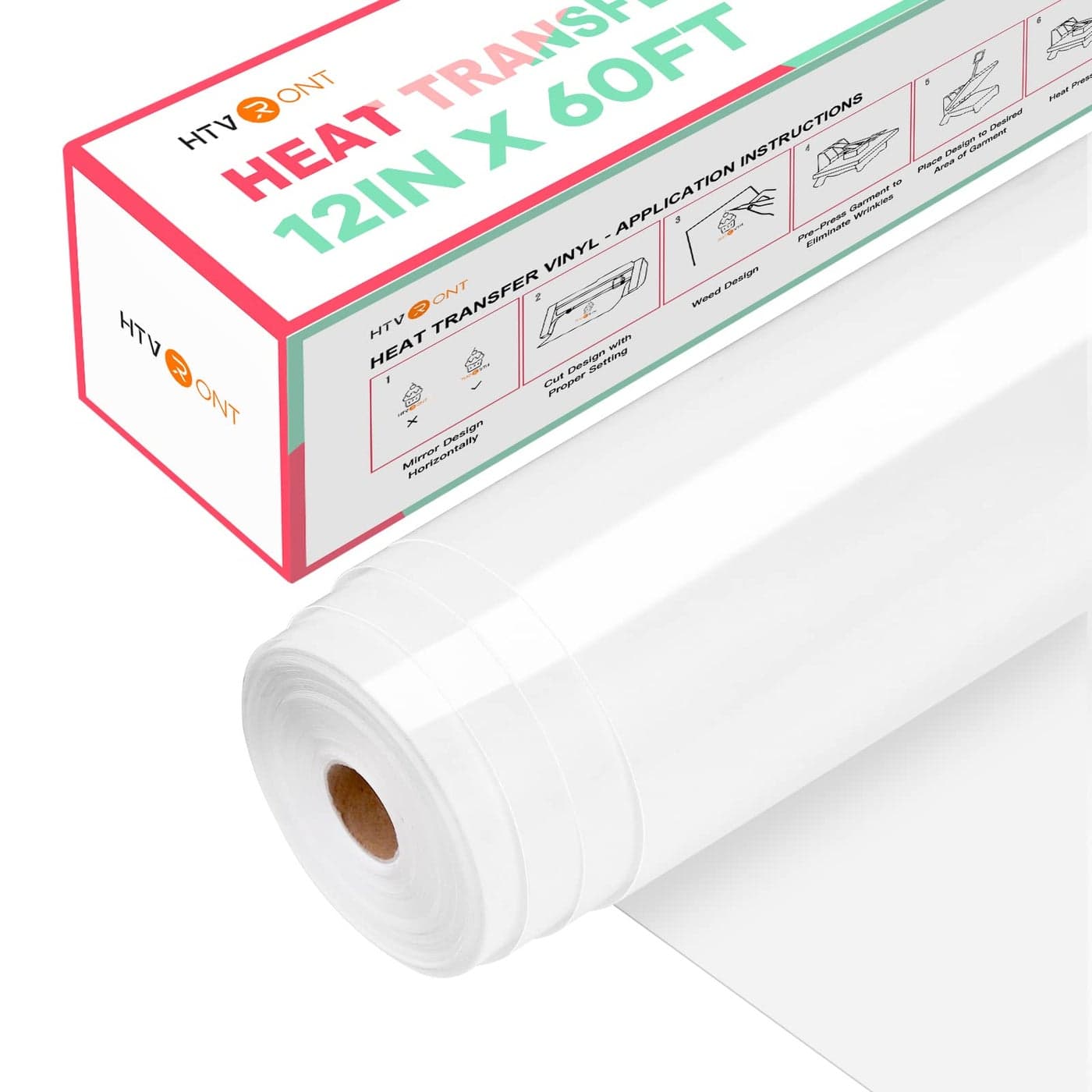 HTVRONT Heat Transfer Vinyl White Iron on Vinyl12 x 60FT White HTV Vinyl Roll Easy to Cut Weed for Heat Vinyl Design