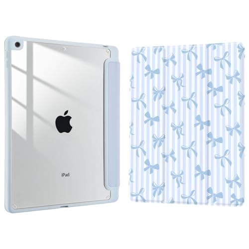Joyland Striped Bow Pattern for iPad 10th Generation Case 10.9 inch 2022/(A16) 11th Gen 11 Inch 2025,Built-in Pencil Holder with Shockproof Cover Clear Transparent Back Shell Auto Wake/Sleep,Blue