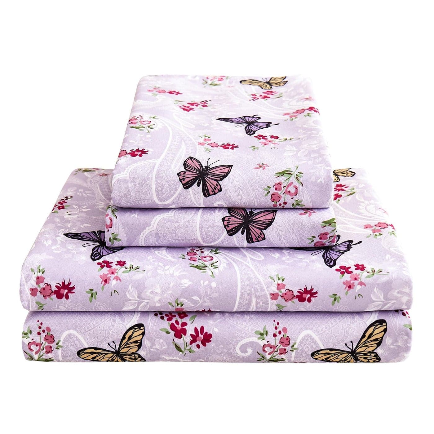 Floral King Bed Sheets Purple Paisley Flower Printed Sheet Set Brushed Microfiber King Fitted Sheet with 15 Deep Pocket and Corner Straps Butterfly Patterned Sheet Pillowcase Sets