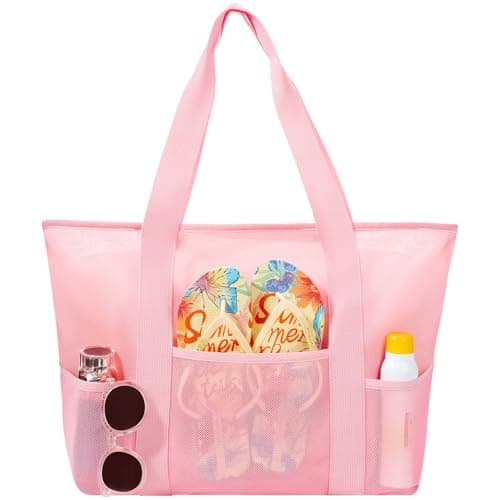 coclothy Mesh Beach Bag Large Beach Tote with Zipper Beach Bags for Women Waterproof Sandproof with 5 Pockets