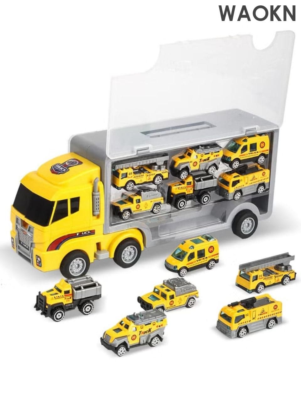 7 in 1 Construction Cars and Trucks Toy for Boys and grils , Yellow Truck Carrier Toy Set , Little Die-cast Vehicles Mini Excavator Backhoe Mixer Dump Truck Cars for Kids Ages over 6 ,Anti collision and drop resistance ,unisex ,yellow .