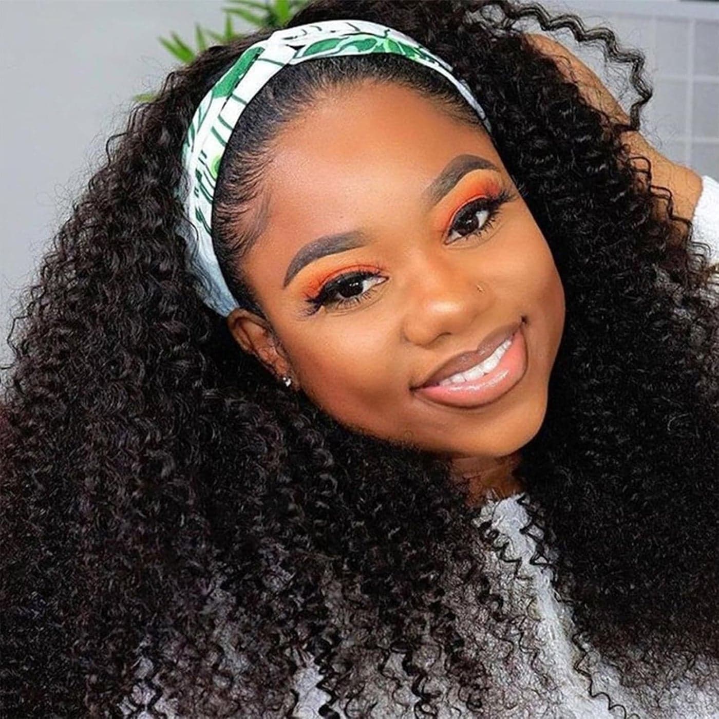 Kinky Curly Headband Wig Human Hair 20 Inch Headband Wigs for Women Human Hair Glueless None Lace Front Curly Wave Wigs Brazilian Virgin Hair Wear and Go Glueless Wig 150 Density Natural Black Color